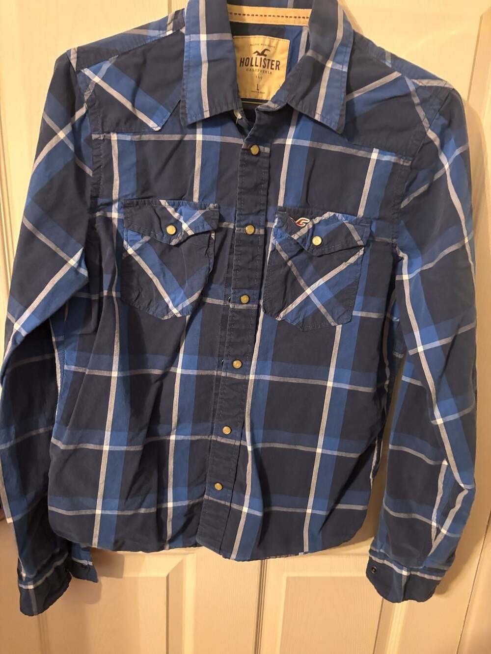 Hollister California Men's Blue Plaid Western Pearl Snap Long Sleeve Shirt